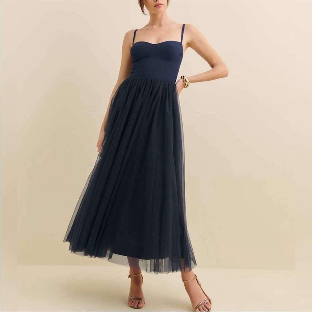 Reformation Navy Sweetheart Midi Tulle Dress